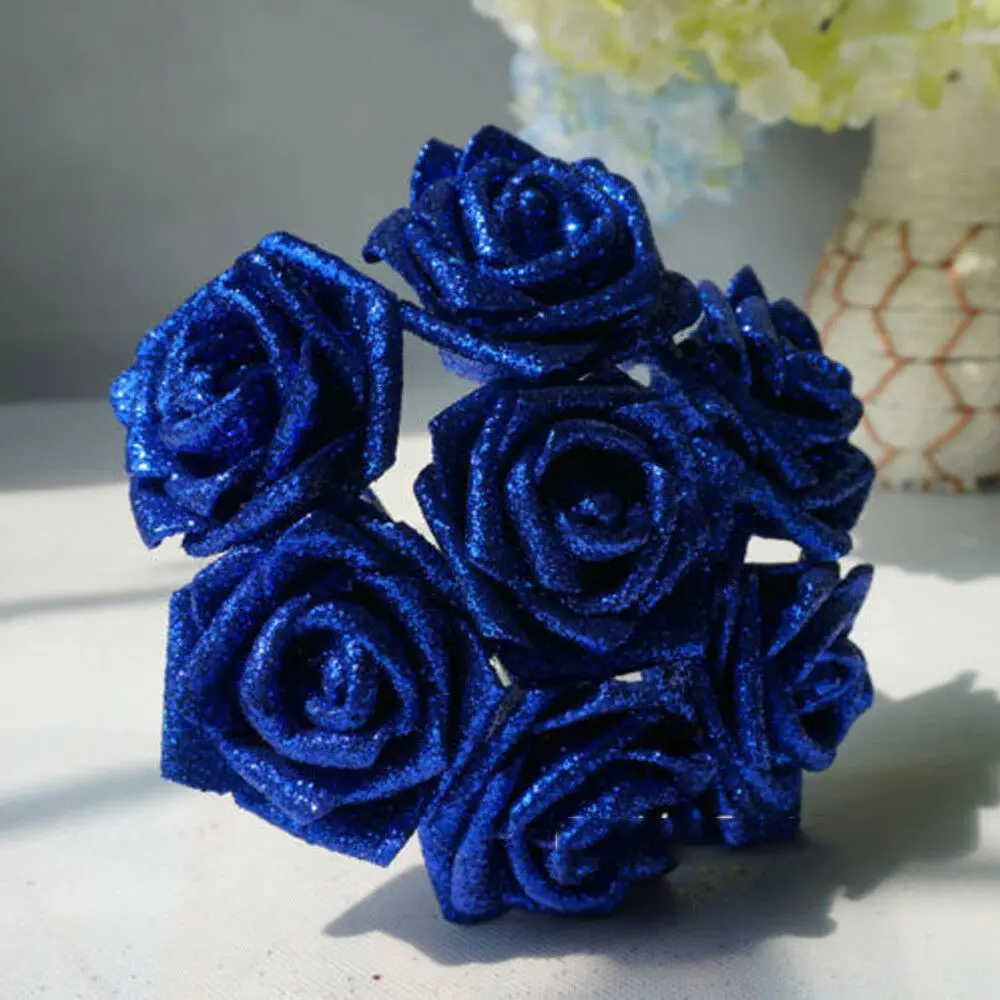 Bouquet da sposa da 10 pezzi con polvere glitterata rose blu rose artificiali fiori artificiali decorazione rose in schiuma