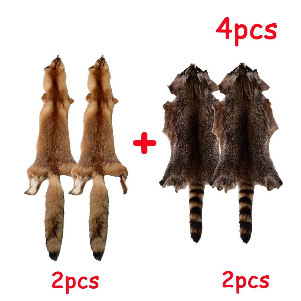 Real Raccoon and Red Fox Pelts, Natural Tanned Leather Hide, Animal Fur Skin for Cosplay, Coats, Scarf, Clothing, 4 Pieces