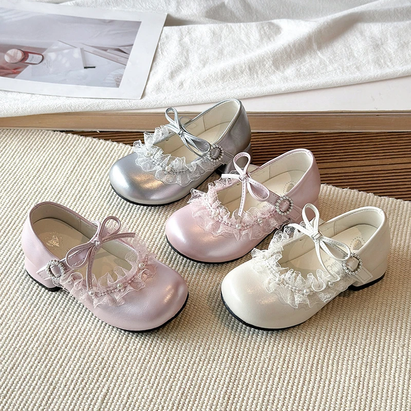 

Kids Lolita-style Heeled Dress Shoes, Lace & Bow Accents with Buckle Strap, Comfortable Footwear for Girls’ Formal Events