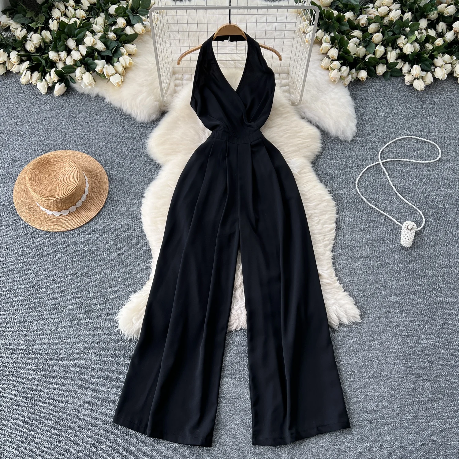 Clothland Women Sexy Halter Backless Jumpsuits Sashes Elastic Back High Waist One Piece Female Chic Playsuits Mujer KA481