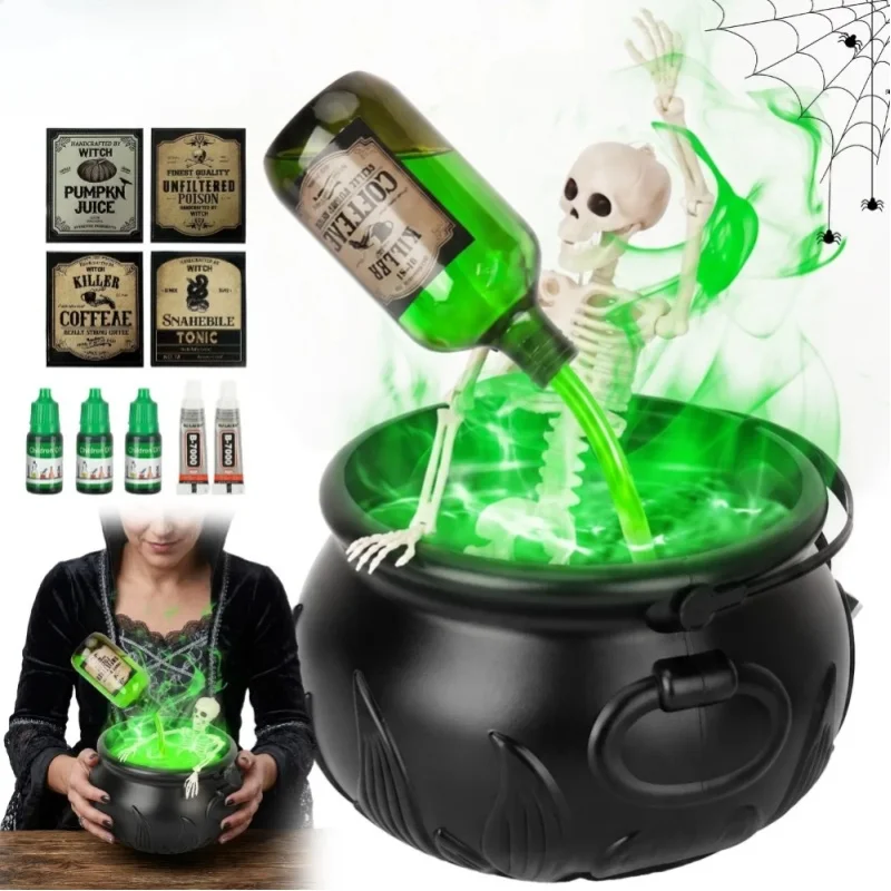 Zestaw dekoracji na Halloween: czarowniczy kocioł z butelkami z napojami szkieletowymi, idealny na imprezę halloweenową, do domu z duchami, do użytku wewnątrz i na zewnątrz, jako sezonowa dekoracja. — 2