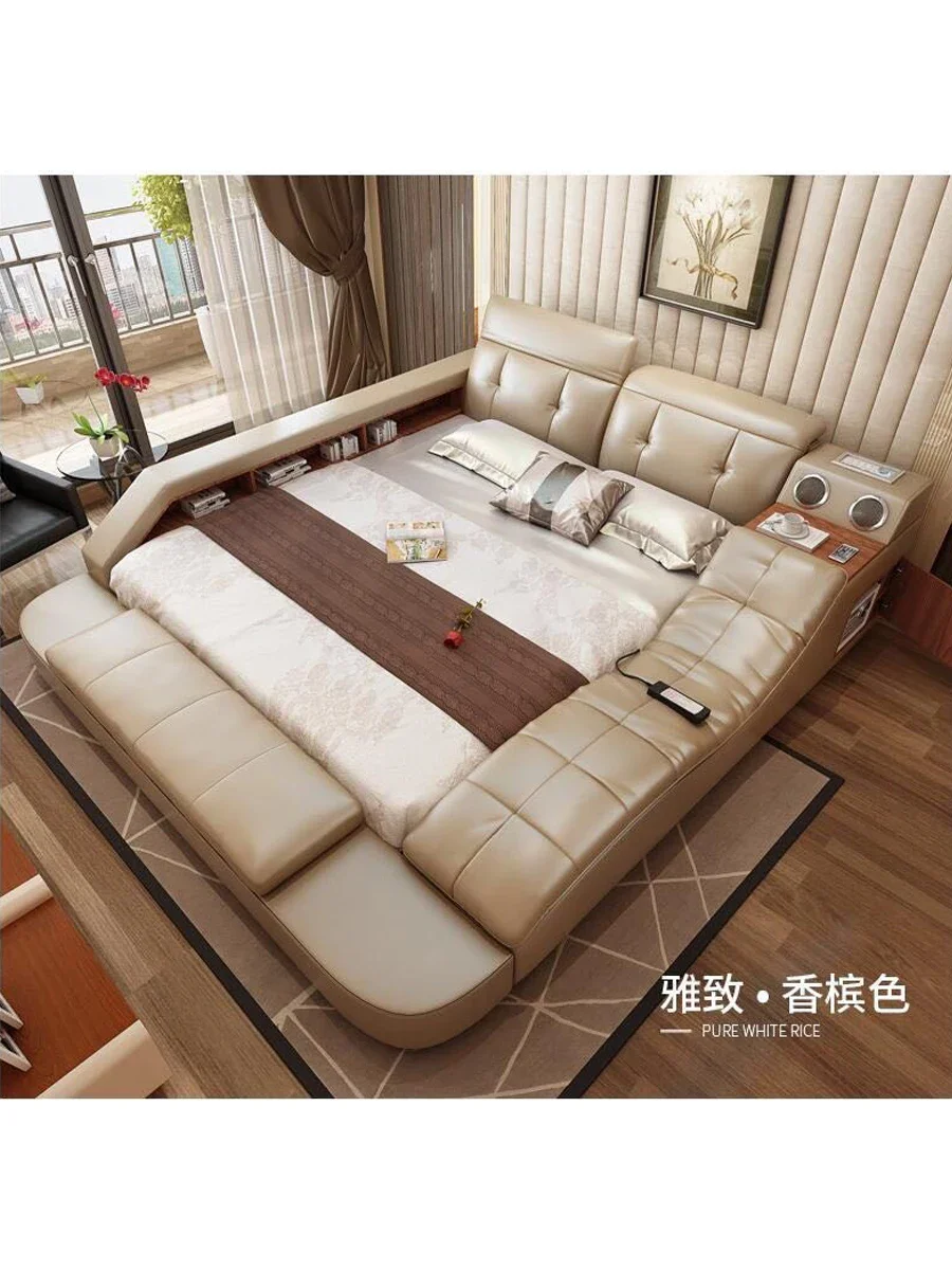 real genuine leather bed with massage /double beds frame king/queen size bedroom furniture  muebles de dormitorio