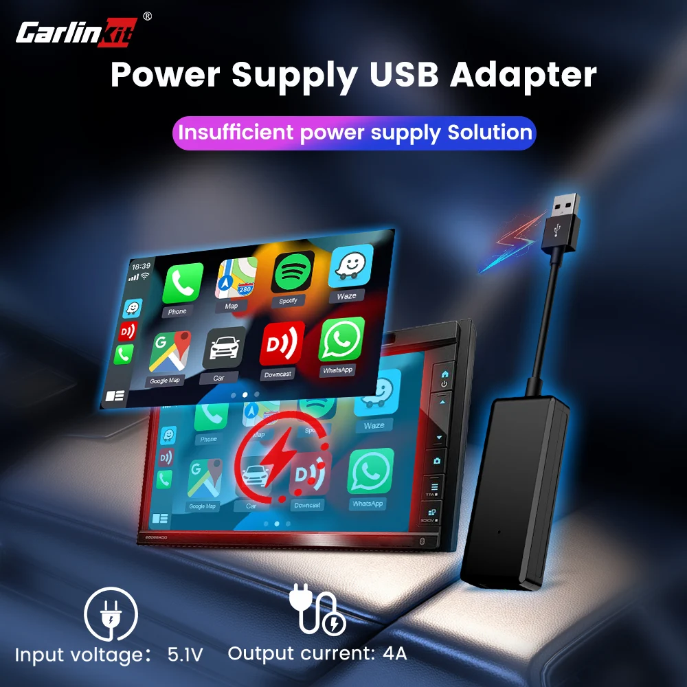 CarlinKit USB Adapter Car Power Supply Cable 4A Output Insufficient Power Supply Solution Car Accessory Work with CarPlay Ai Box