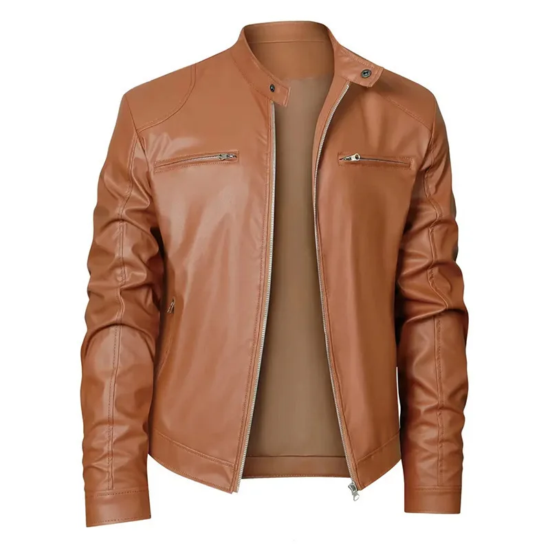 Men's Motorcycle Leather Jacket, Men's Windproof and Waterproof Stand-up Collar Leather Jacket for Men