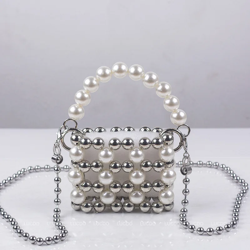 Women Evening Bags Pearl Silver Shoulder Pearl Clutch Bag Hand-made Pearl Bucket-type Handbag Chic Ladies Messenger Bags Bolso M