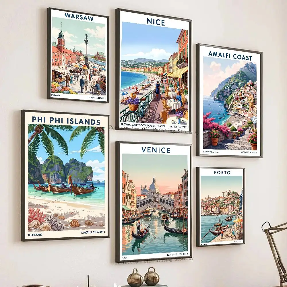 World Famous Coastal City Beach Sailboat Summer Poster Self-adhesive Art Room Entrance Restaurant Wall Decor Art Painting