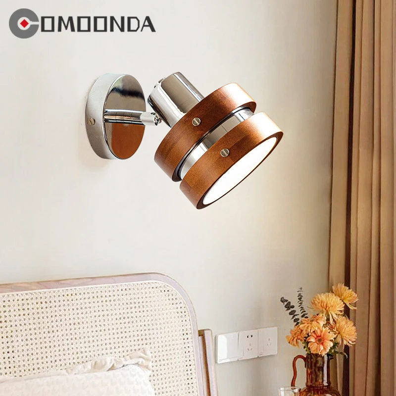 

Comoonda Nordic Design Home Decor Wall Lamp Wood Lampshade Metal Body Sconce Light E27 Bulb Rotatable Bedroom Reading LED Lustre