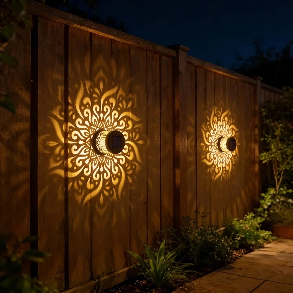 4pcs Mandala Solar Fence Lights Metal Solar Outdoor Wall Deck Step Lights Waterproof Fence Light for Garden Post Patio Backyard