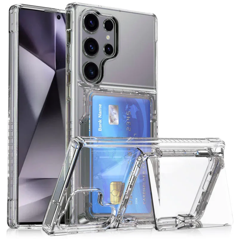 Card Slot Holder Phone Case For Samsung S24 Ultra S24+ S23ultra S23 Plus Bracket Stand Shockproof Hard Transparent Cover