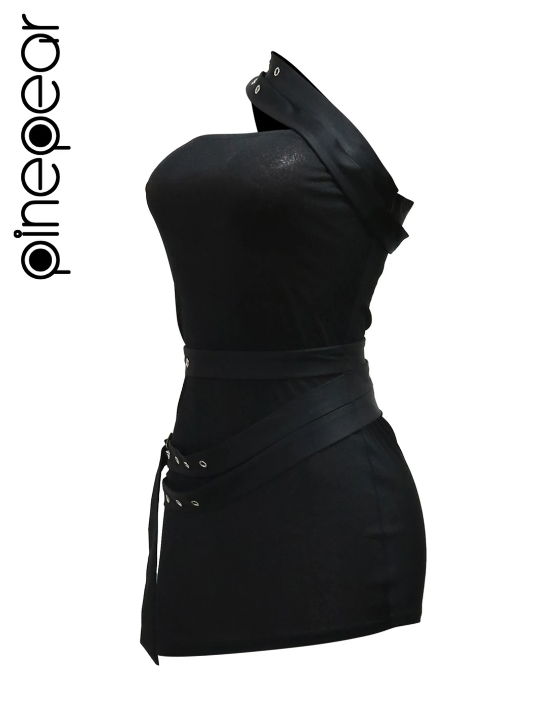 Pinepear ชุดบอดี้คอนแขนกุดผู้หญิงมีสายคาดเอวชุดเดรสปาร์ตี้แบบไม่สม่ำเสมอชุดมินิเดรสไนท์คลับเซ็กซี่