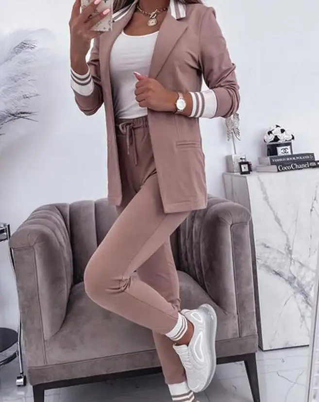 Conjunto de ropa elegante para mujer, Chaqueta de manga larga con cuello de muescas a rayas y paneles en contraste, pantalones con cordón abrigo y,