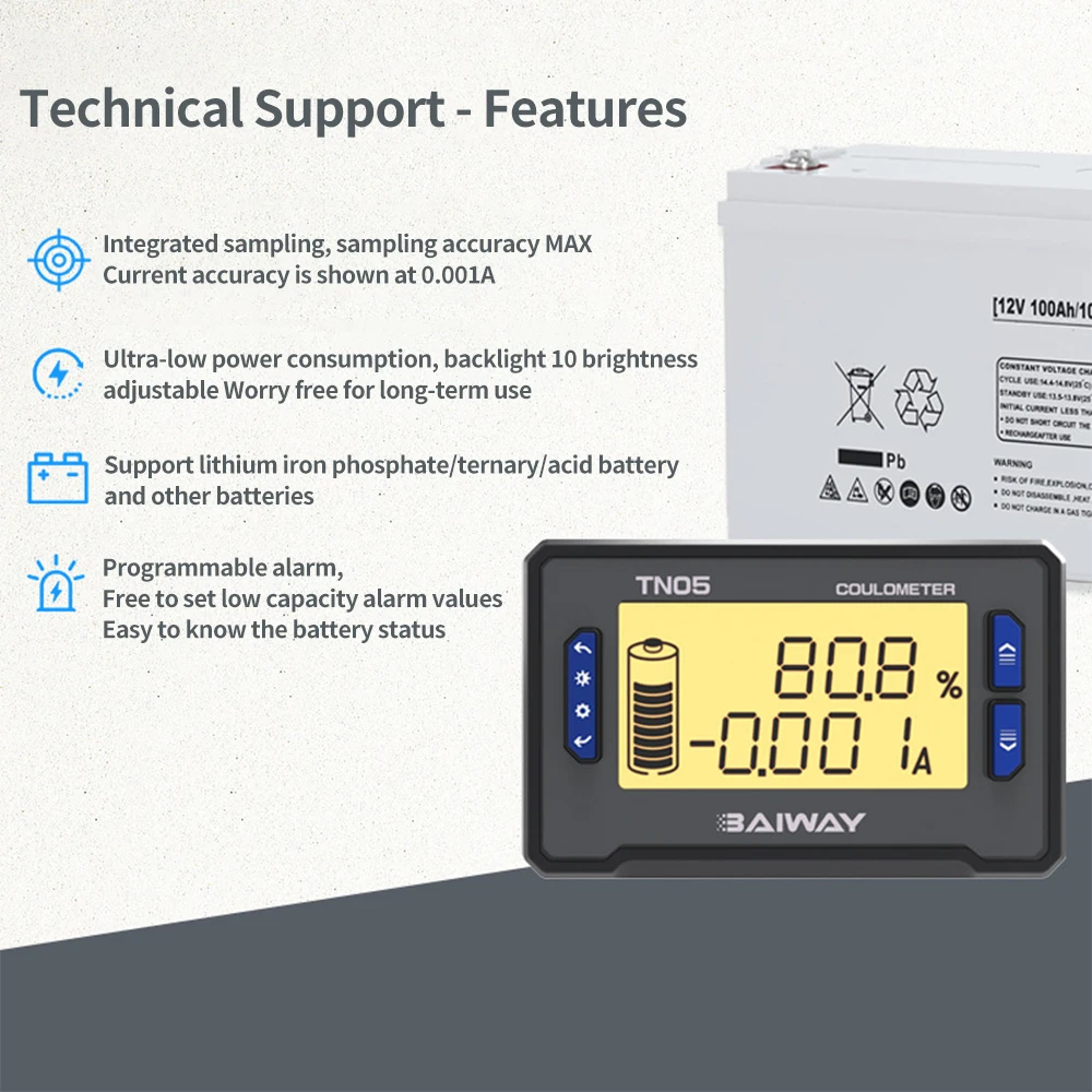 DC 8~80V Lithium Battery Capacity Detection Tester Digital Display Current Voltage 75A Coulomb Power Meter for Electric Car TN05