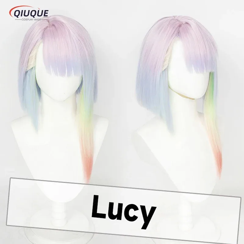 LQAnime ルーシーコスプレウィッグショートマルチカラーグラデーション耐熱人工毛ハロウィンパーティーウィッグ + 無料ウィッグキャップ