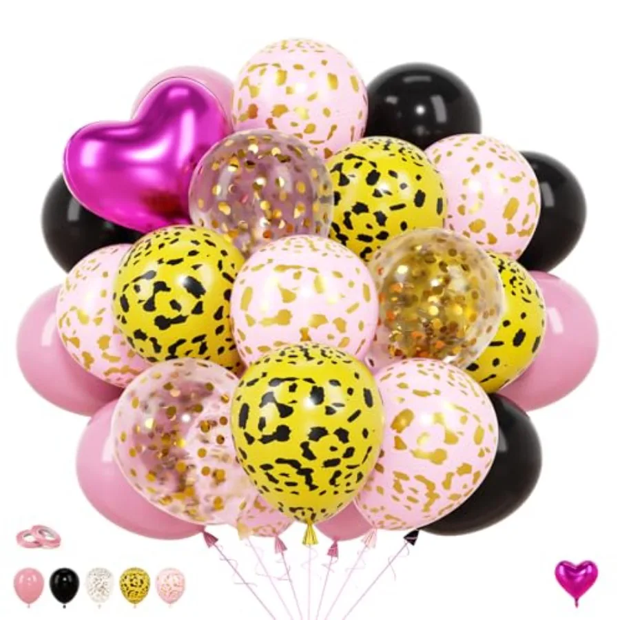 

48Pcs Cheetah Print Balloons, Leopard Jungle Safari Animal Party Decorations, Latex Balloons Set with Heart Foil Balloon Decor