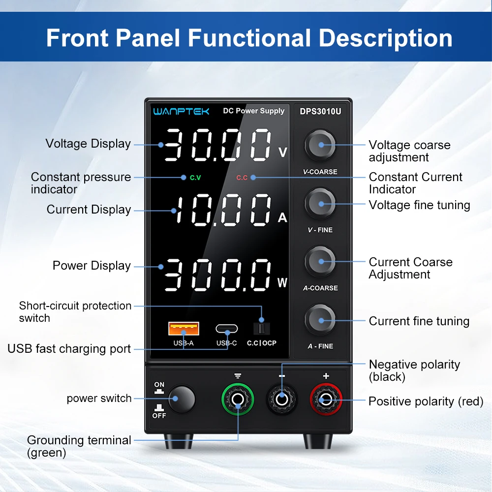 Einstellbares DC-Labornetzteil mit 4 Positionen, 30V 5A, 30V 10A, 220V/115V AC-Schaltwandler, USB/Tape-C-Schnellladung – Detail 10