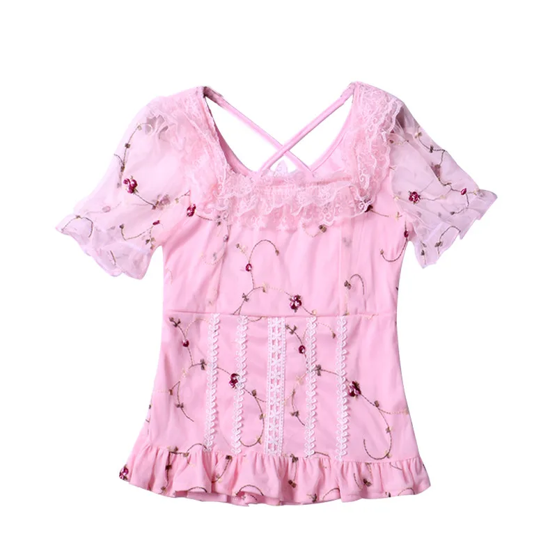 

Floral Embroidery Mesh Shirt Summer Women Sweet Square Collar Lace Blouse Ladies Short Sleeve Backless Blouses Blusas Short Tops
