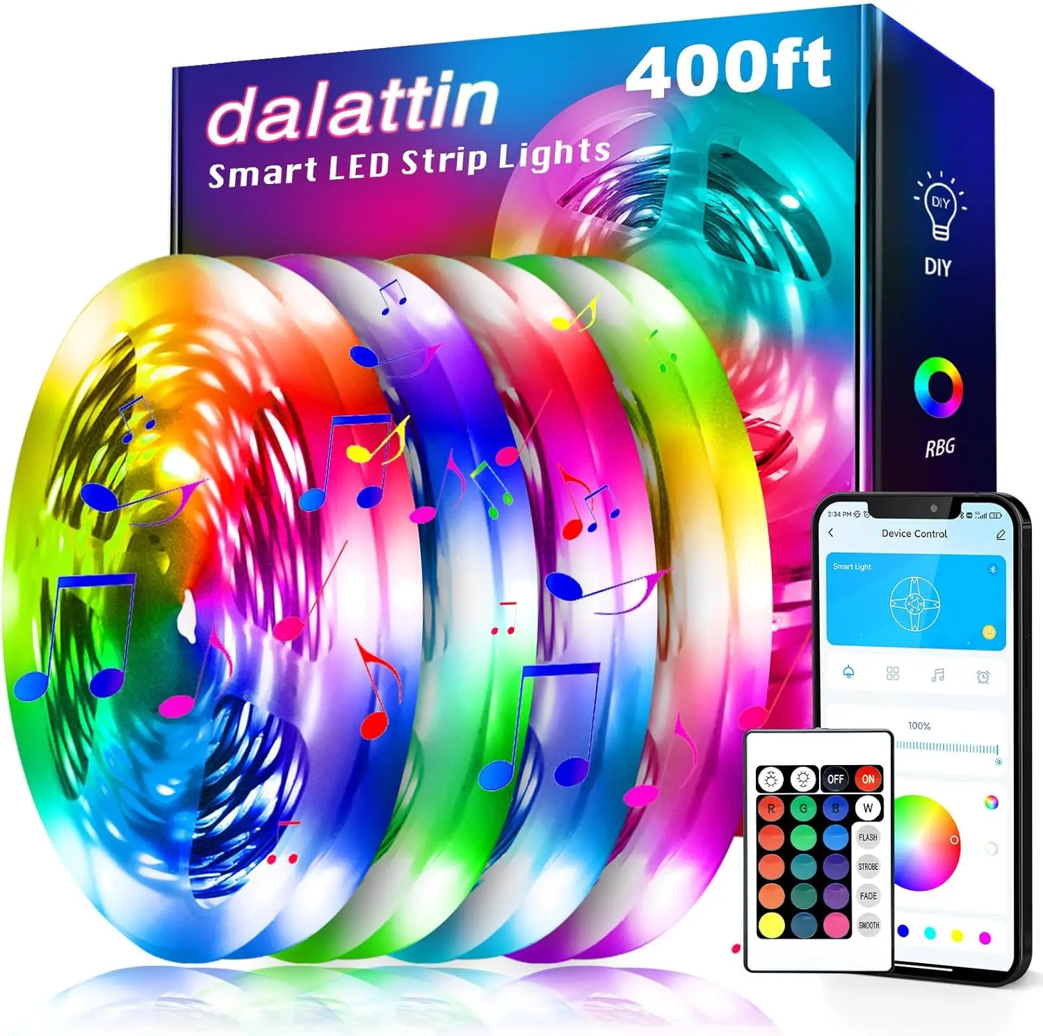 

Умная светодиодная лента 400 футов с управлением через приложение, RGB-подсветка для спальни и праздничного декора