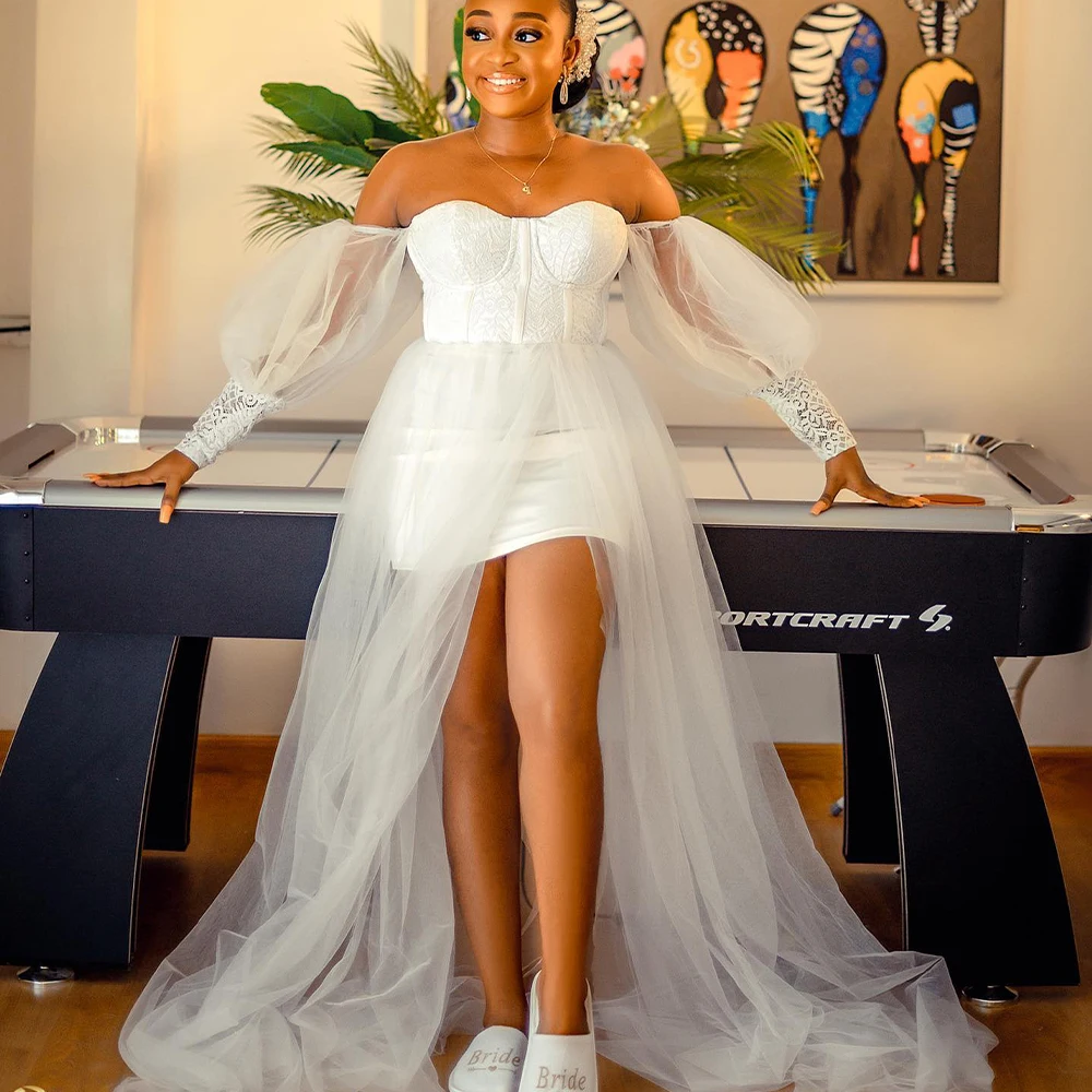 White Bridal Shower Dresses Off Shoulder Long Sleeve Side Split A Line Tulle Lace Africa Wedding Dresses Bride Robes