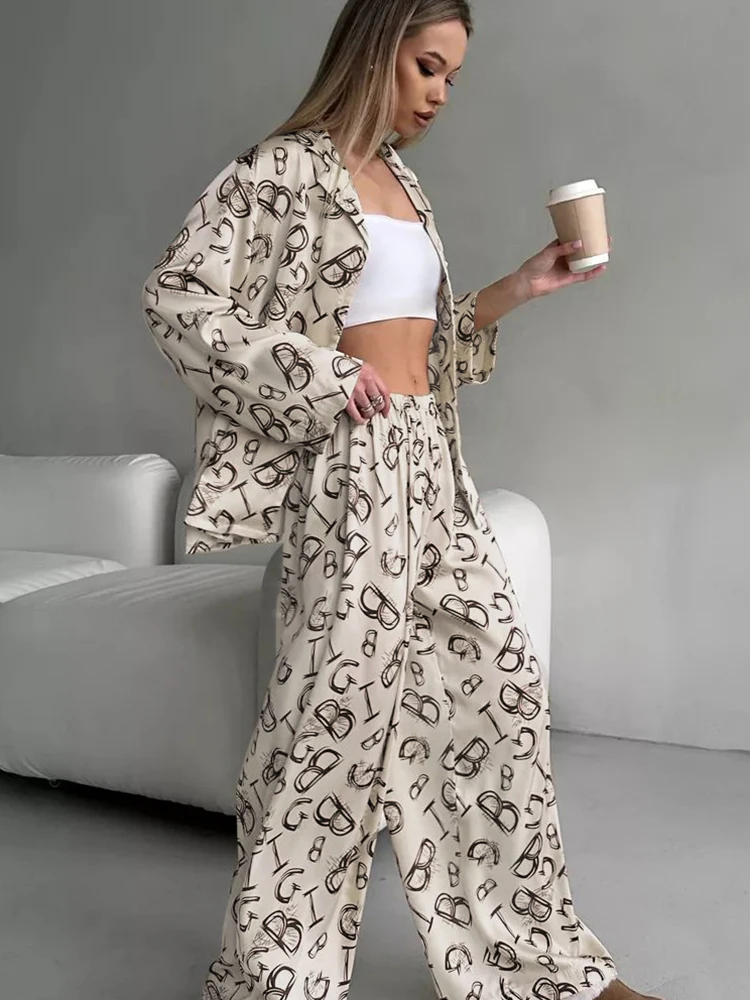 Hiloc Loose Women\'s Home Clothes 2 Piece Sets Print Long Sleeve Sleepwear Female Casual Trouser Suits 2024 Summer Nightwear