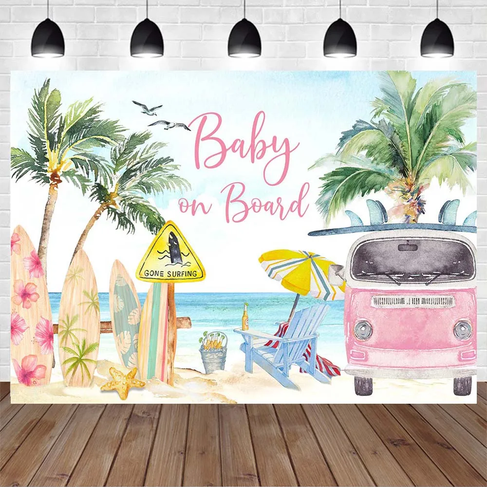 Mocsicka Summer Seaside Backdrop Sandy Beach Surfboard Holiday Surfing Photo Background Birthday Baby Shower Decor Banner Studio