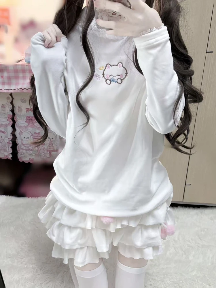 Y2k japonês kawaii manga longa topo feminino casual gato dos desenhos animados bordado doce cor sólida gola alta camiseta bonito 2025 outono
