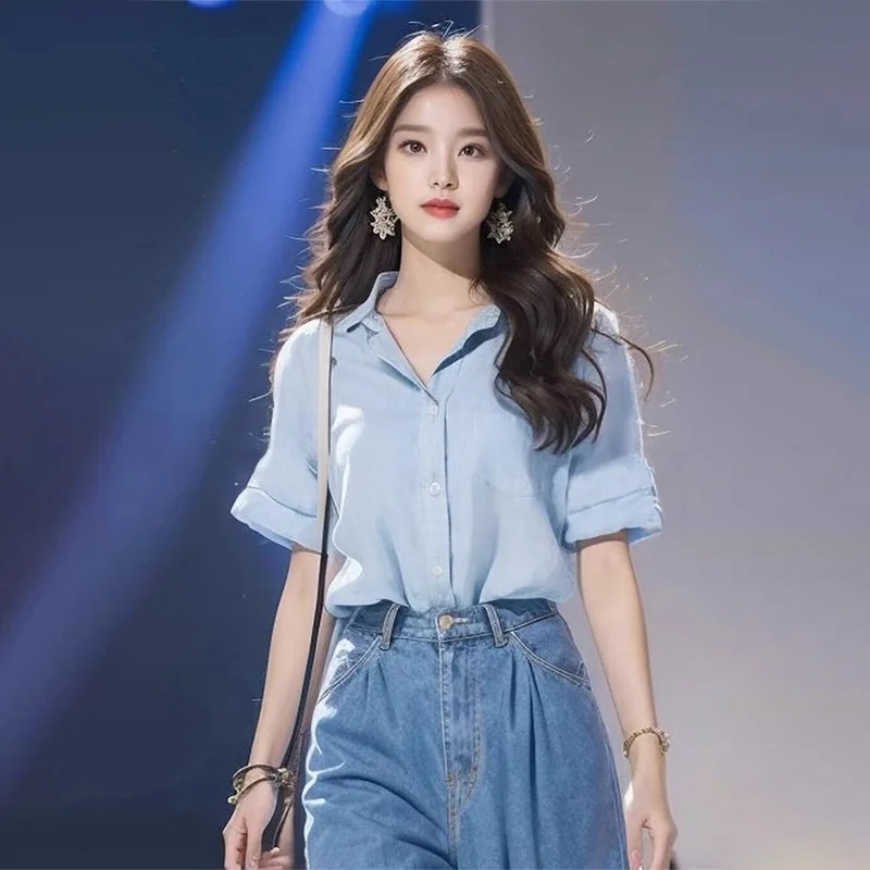 

Short Sleeve Shirts Womens Soft Comfortable Linen Shirt Oversized Loose Fit Button Up Casual Turn Down Collar Elegant Summer