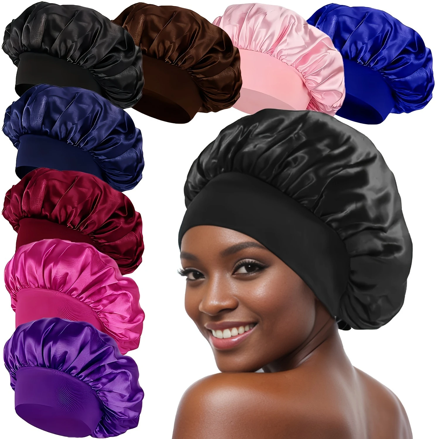 Solid Color Satin Bonnets Soft Elastic Breathable Sleeping Night  Casual Bath Shower  Hair Bonnet For Women daily uses