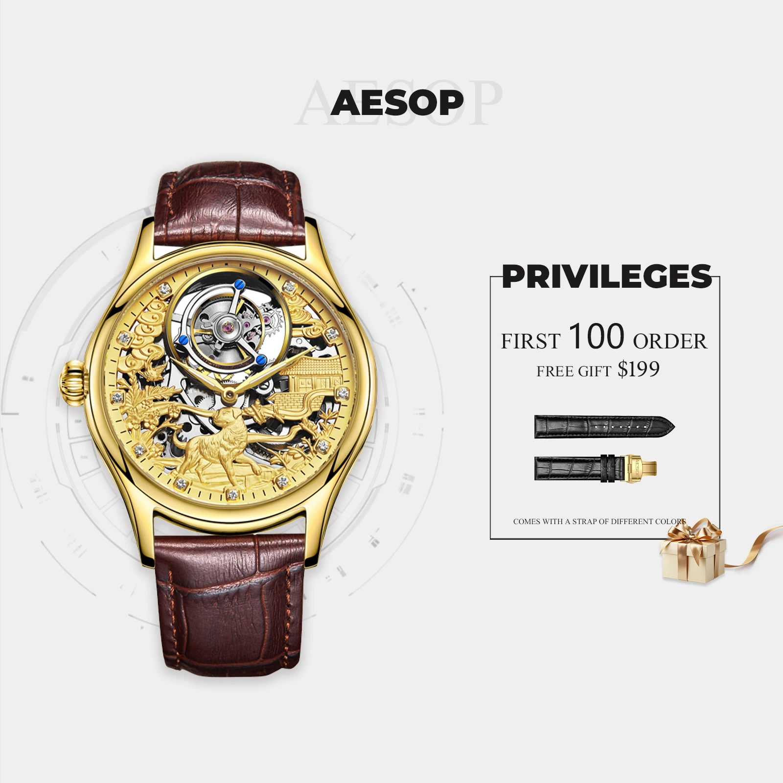 AESOP high-end tourbillon men's watch manual mechanical tourbillon movement embossed zodiac dog waterproof personality watch