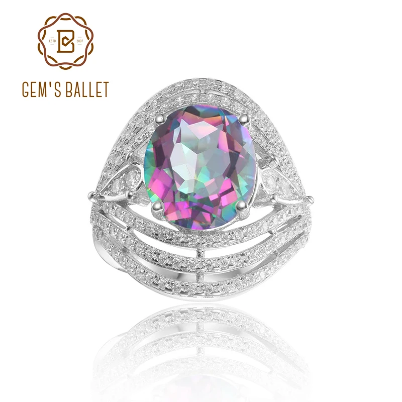 GEM'S BALLET 925 Sterling Silver Gemstone Rings10x12mm Oval Rainbow Mystic Topaz Vintage Cocktail Ring For Women Fine Jewelry