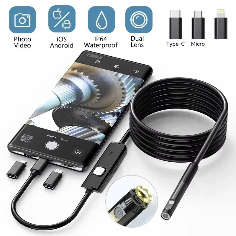 

Endoscope Camera with Light, Dual-Lens 1920P HD Borescope with 8 Adjustable LED Lights,IP67 Waterproof Boroscope Inspection Tool