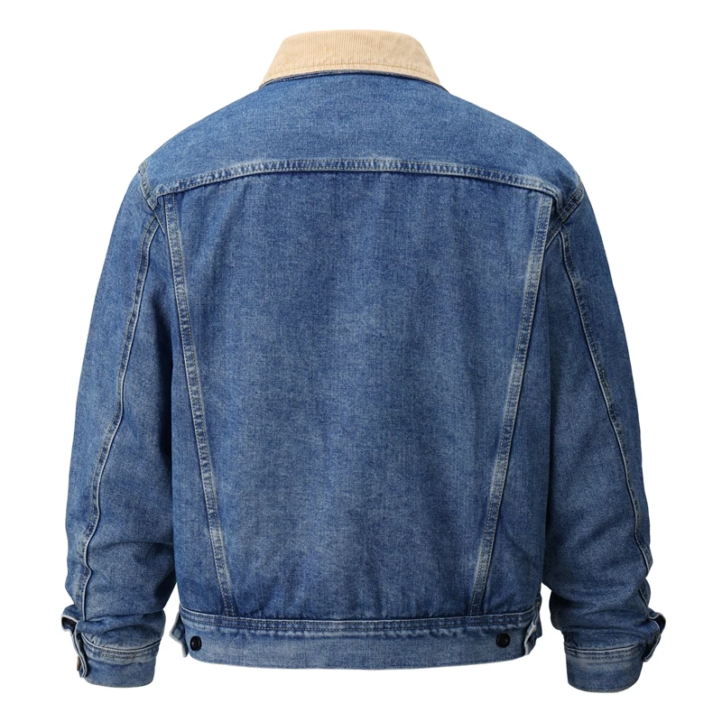 Sherpa-gefütterte Jeansjacke mit Patchwork-Kordkragen, Fleece-Cargojacken für Herren, Vintage-Waschung, Oversize-Warm-Jeansmantel für den Winter – Detail 3
