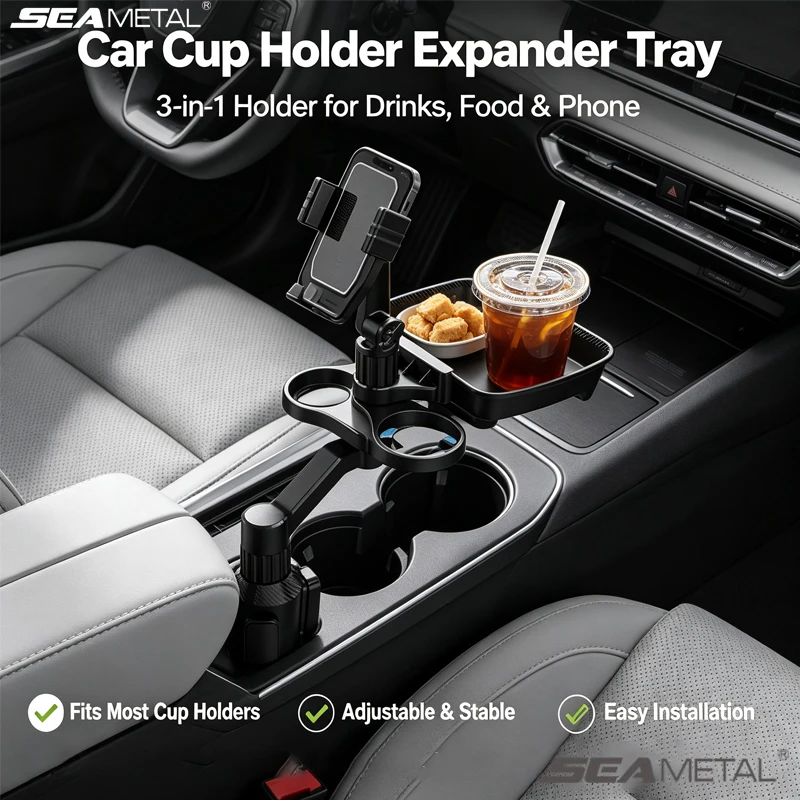 SEAMETAL – extension de porte-gobelet de voiture avec support pour téléphone et plateau de rangement, organisateur de boissons et d'aliments réglable 3 en 1, accessoire pour console de siège