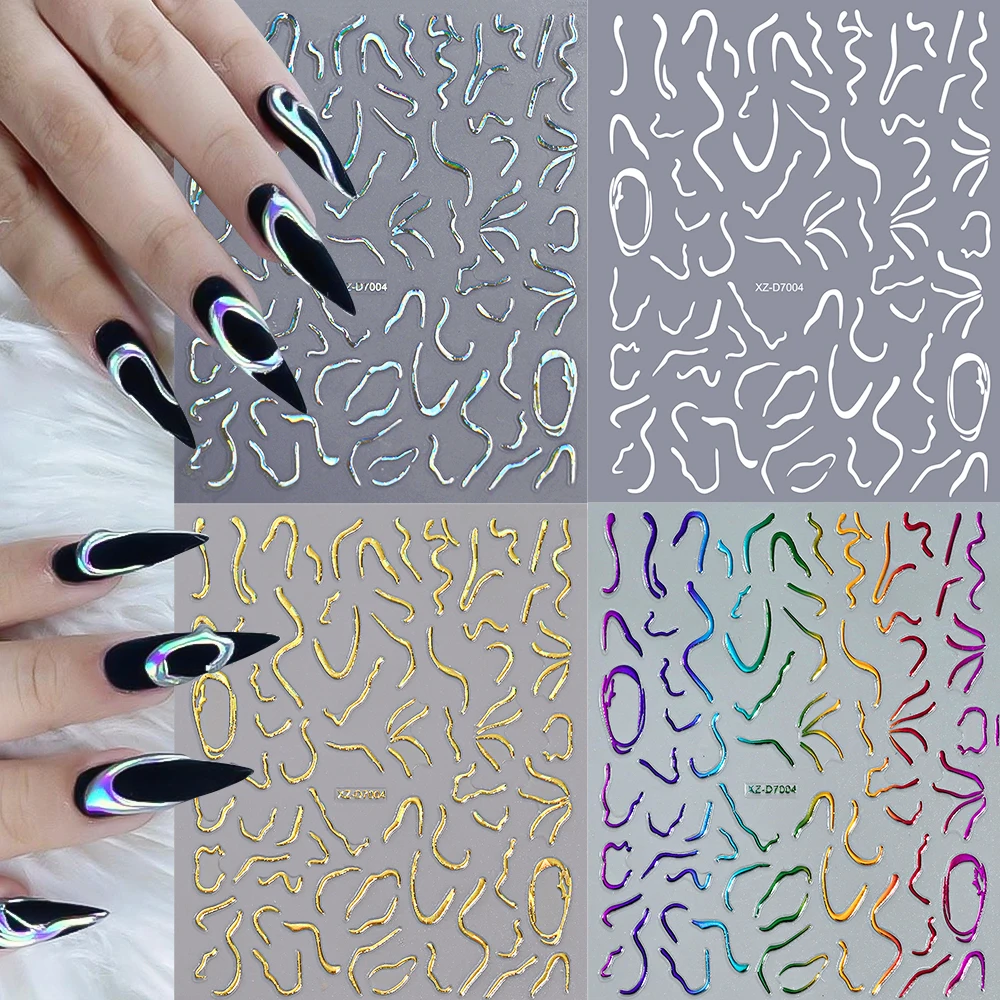 12개/세트 곡선 스트라이프 라인 3D 네일 스티커 레이저 실버 스월 리본 프렌치 매니큐어 미니멀리스트 슬라이더 데칼 메탈 네일 디자인