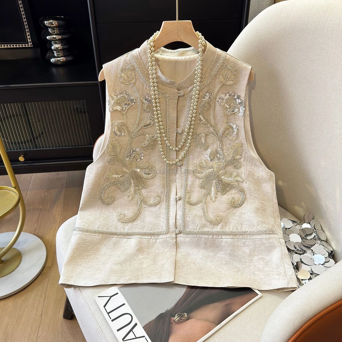 

Элегантный женский жилет с бисером и китайскими пайетками, свободный однобортный жилет-пальто, весенняя верхняя одежда, высококачественная вышивка, модный повседневный топ