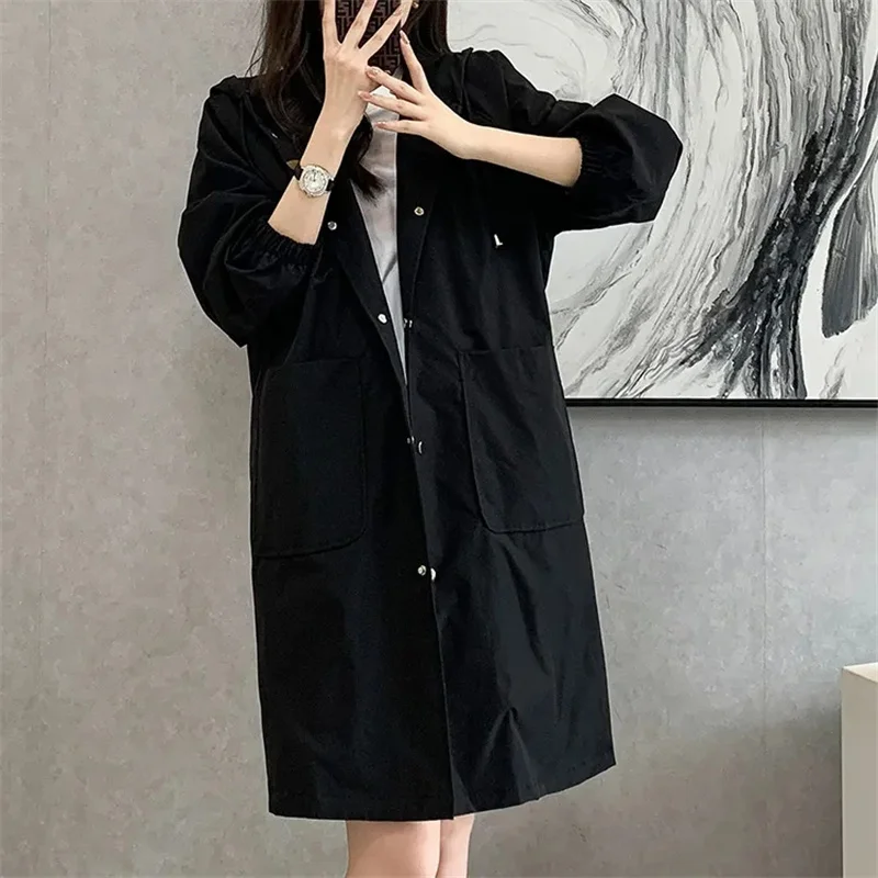 

Женский длинный плащ, женский однотонный элегантный ветровка, свободный удобный темпераментный женский плащ с капюшоном