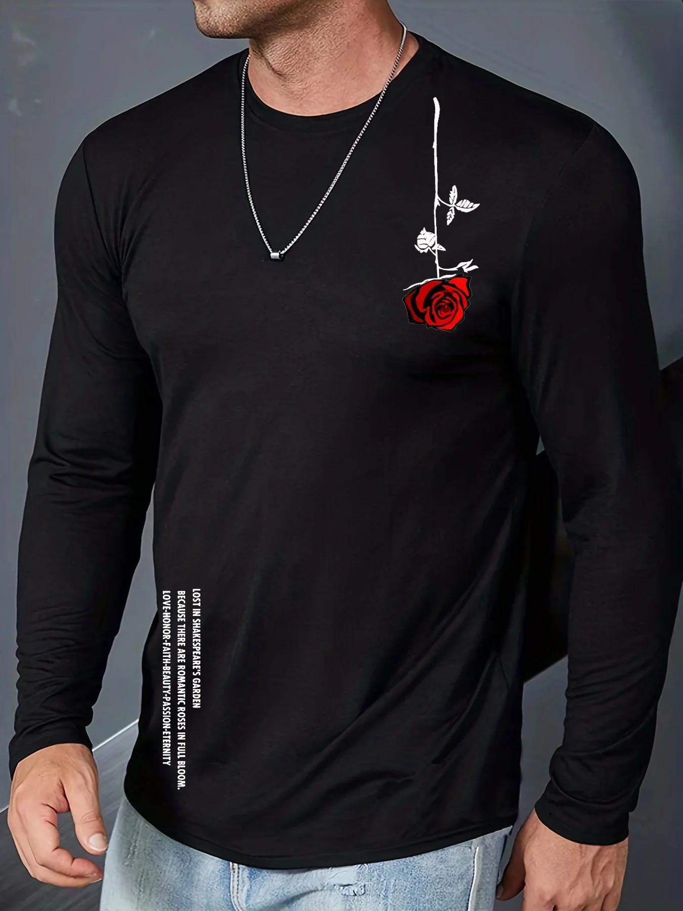 Men's Spring and Autumn 100% Cotton Comfortable Casual Rose Pattern Printed Round Neck Long Sleeve T-shirt Top