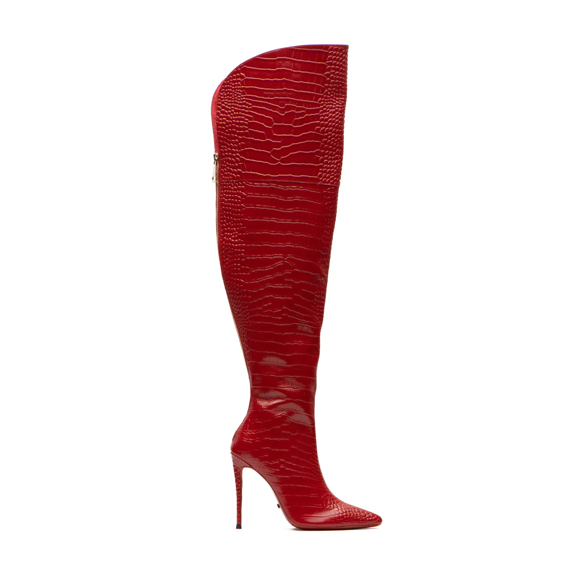 

Pointed Toe Stiletto Knee High Heel Leather Long Boot Red\Sliver Crocodile Pattern Boots Back Zip Big Size Women Shoes 2022 New