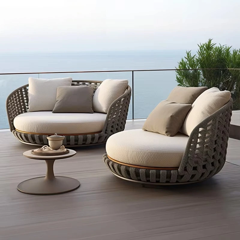 Moderne Hotel-Outdoor-Möbel aus Seil, luxuriöser Korbgeflechtstoff, Garten, Innenhof, Rattan-Sofa, Gartenset, Gartenmöbel