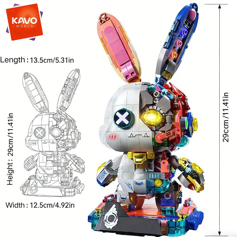 KAVOWORLD Cyberpunk Mechanical Rabbit Building Blocks Set LED Light Up Glow-in-the-Dark Bunny Bricks Kit with Gold-plated Parts Semi-transparent Disassembly Design Collectible Desk Decor for Teens Adults Birthday Christmas Gift 1377pcs view 3