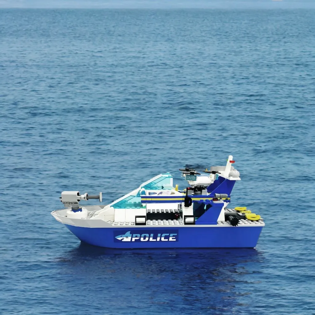 

Creative City Series Sea Speedboat Police Patrol Boat Shark Submarine Model Building Blocks Children's Gifts DIY Toys