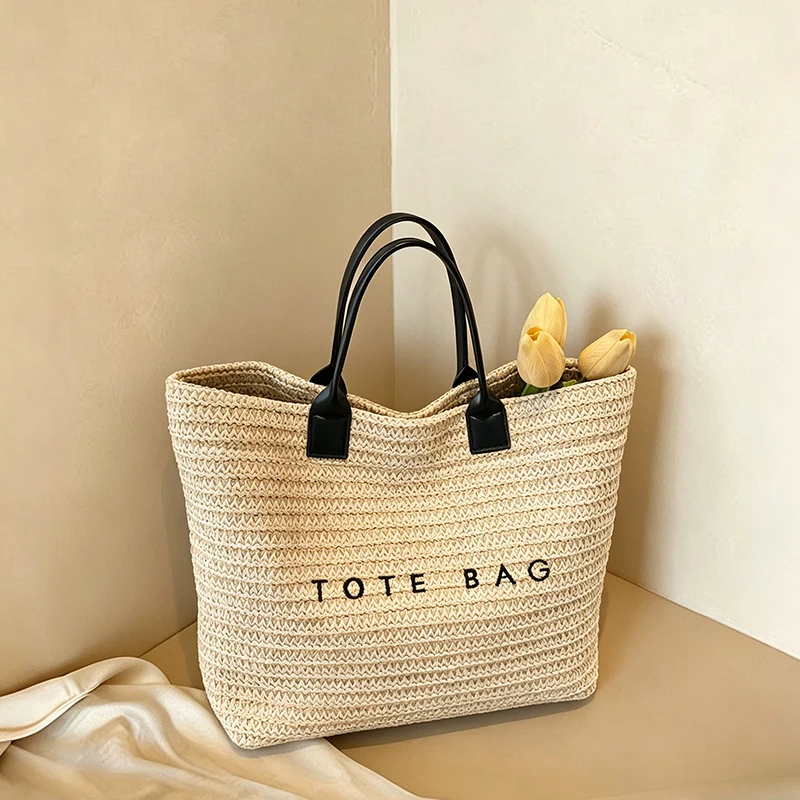 2026 Summer Straw Woven Tote Bag Print Large Capacity Handheld Beach Vacation Casual Shopping Bag Lightweight 0.28kg