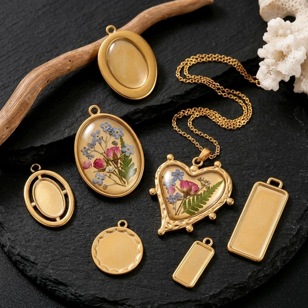 5 Stück Edelstahl-Anhänger mit unregelmäßigen Herz- und Rundformen, Rohlinge für Cabochons, für DIY-Harz-Kamee-Schmuckherstellung – Detail 1
