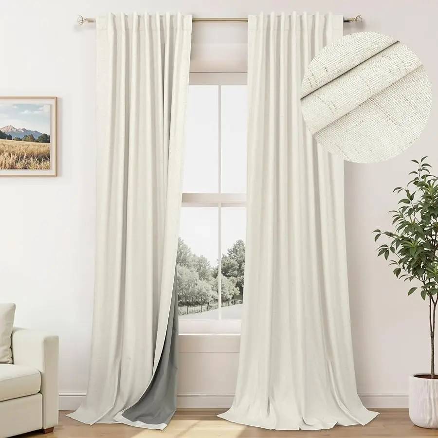 

100% Blackout Curtains 84 Inch Length 2 Panels Set Neutral Boho Linen Farmhouse for Bedroom Windows Li ing Room Darkening Therma