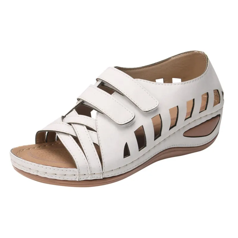 Large size women's shoes fashion hollow fish mouth sandals women flat wedge sandals side empty  fix the face skin