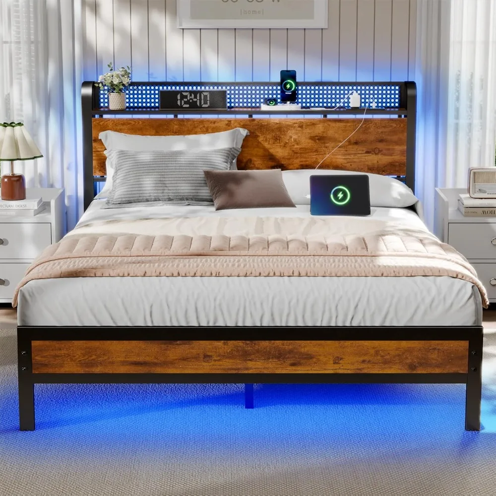 

Bed Frame with LED Lights,Industrial Storage Headboard with Charging Station,USB Port,Under Bed Storage,Wood Platform