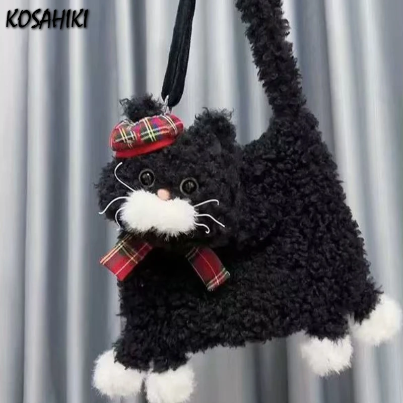 

Cartoon Fashion Kawaii Cute Fur Cat Crossbody Bag 2025 Sweet Y2k Aesthetic Bow Hat Shoulder Bags Fluffy Women All Match Handbags