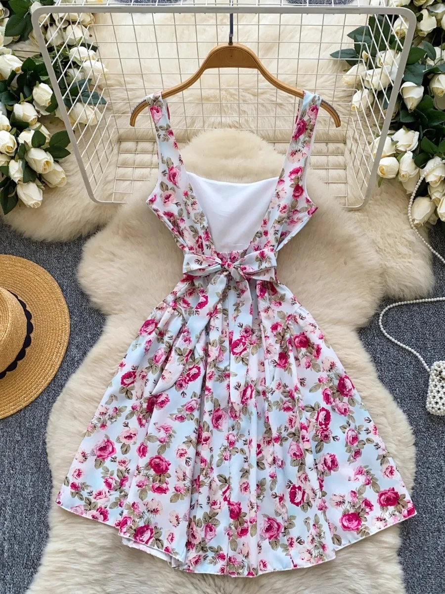Foamlina Chic Boho Holiday Sexy Backless Halter Dress Women's Summer Floral Print Bow Strap Waist Beach Mini Skirt Dresses