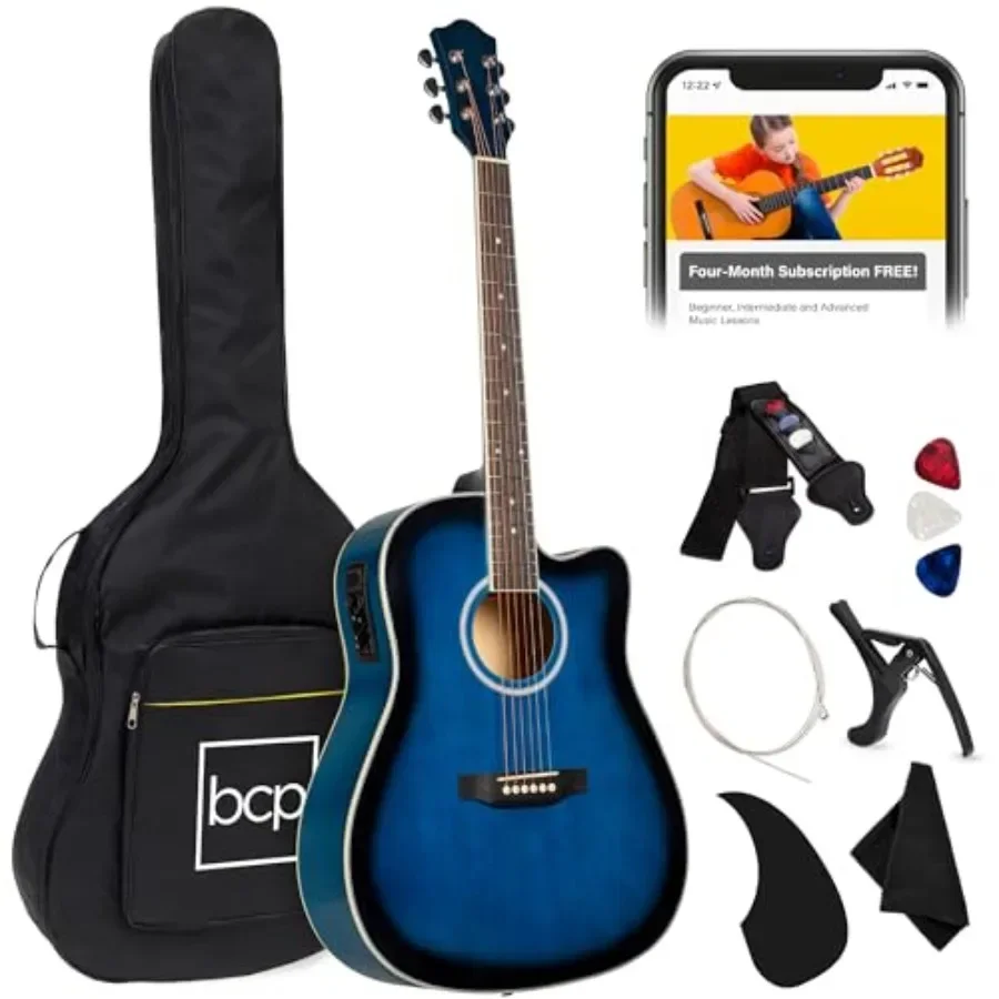 

Beginner Acoustic Electric Guitar Starter Set 41in for home practice and live performance, all-wood cutaway body, blue finish,