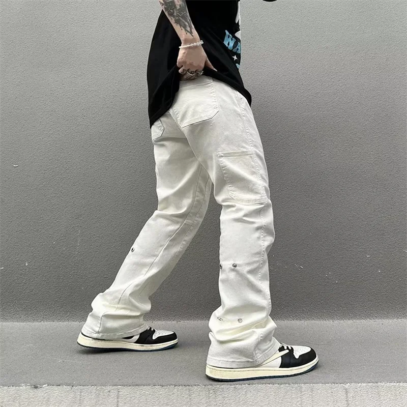 Early autumn American high street slight bell-bottom pants men color contrast slim jeans