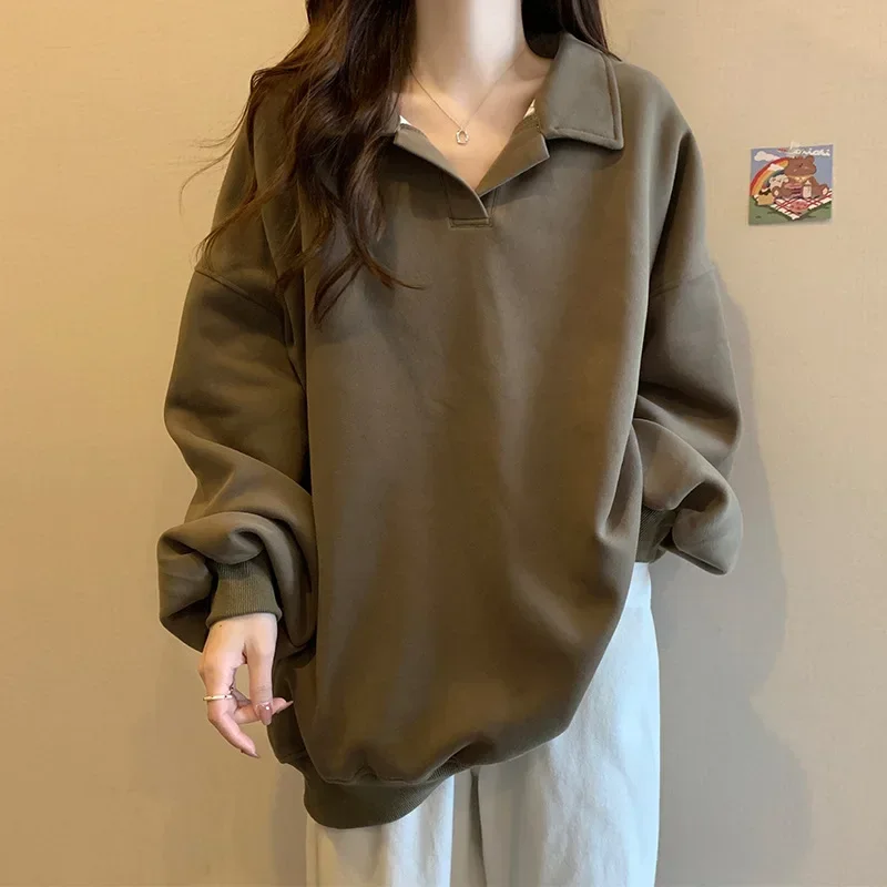 Moletom de mangas soltas para mulheres, tops soltos de gola virada para baixo, monocromático, cobertura de barriga, grandes dimensões, primavera, outono